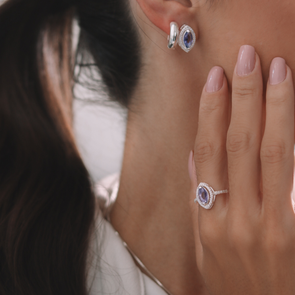 Conjunto Navete Cravejado com Zircônias Brancas e Tanzanita