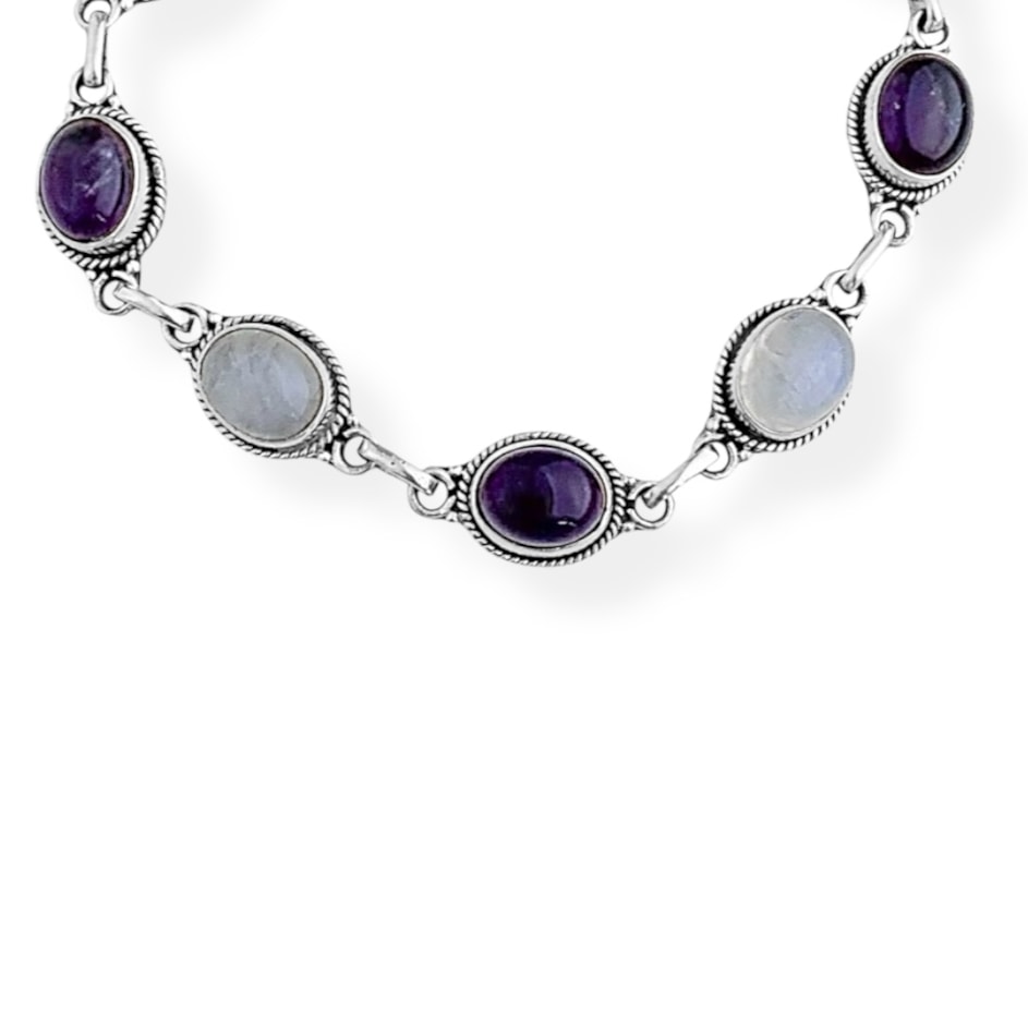 Pulseira de Pedra da Lua com Ametista - 20cm