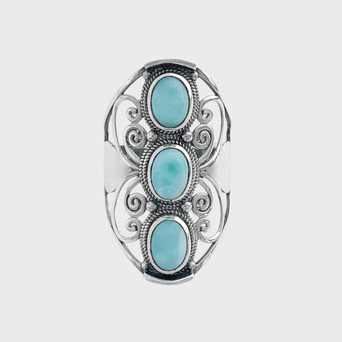 Anel de Larimar Trabalhado com Arabescos Vazados