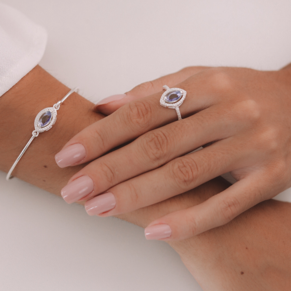 Conjunto Navete Cravejado com Zircônias Brancas e Tanzanita