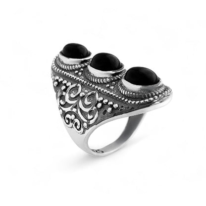 Anel Boho Trabalhado com Pedra Ônix