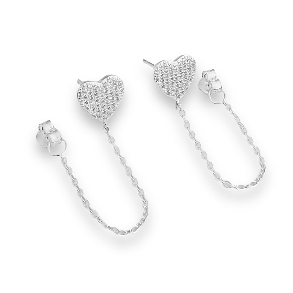 Brinco de Coração Cravejado de Zircônias e Corrente