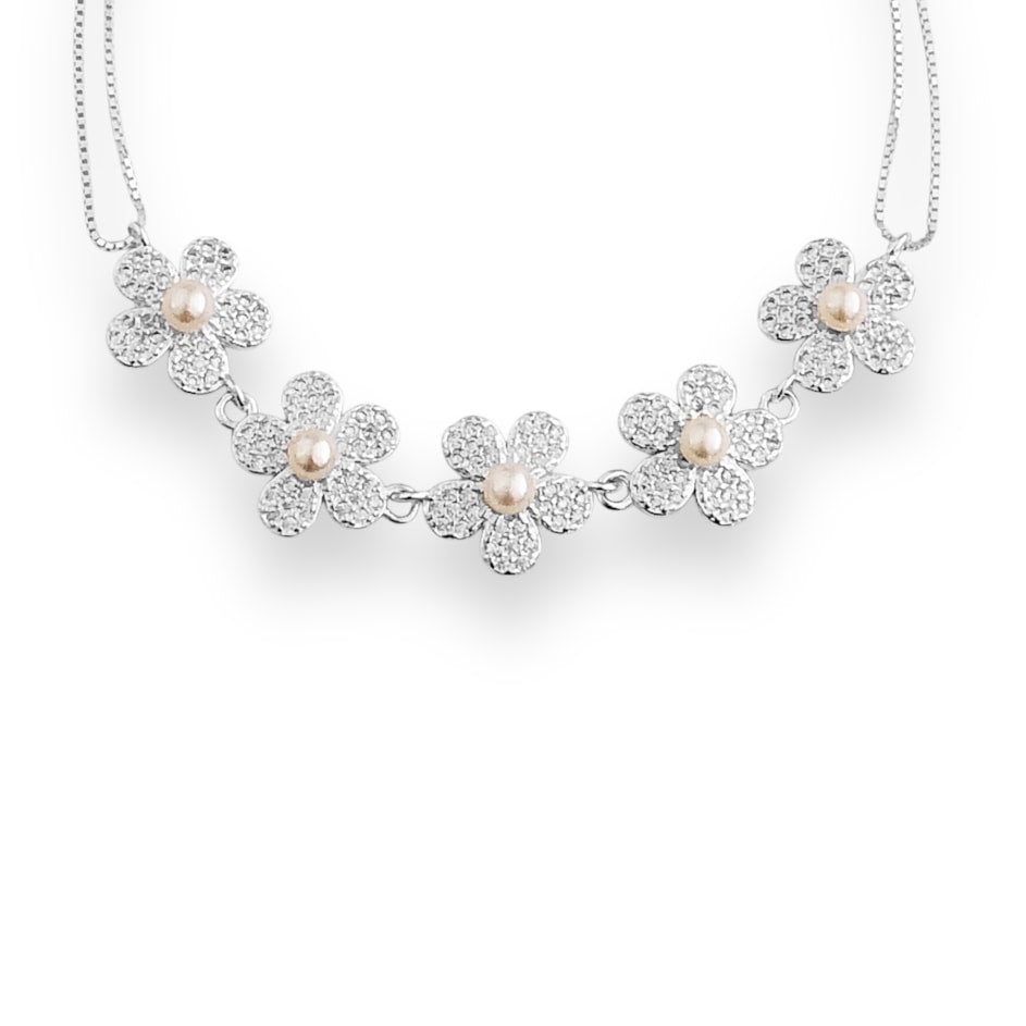 Pulseira de Dois Fios com Flores Cravejadas em Zircônias e Pérola - 17cm