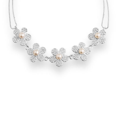 Pulseira de Dois Fios com Flores Cravejadas em Zircônias e Pérola - 17cm