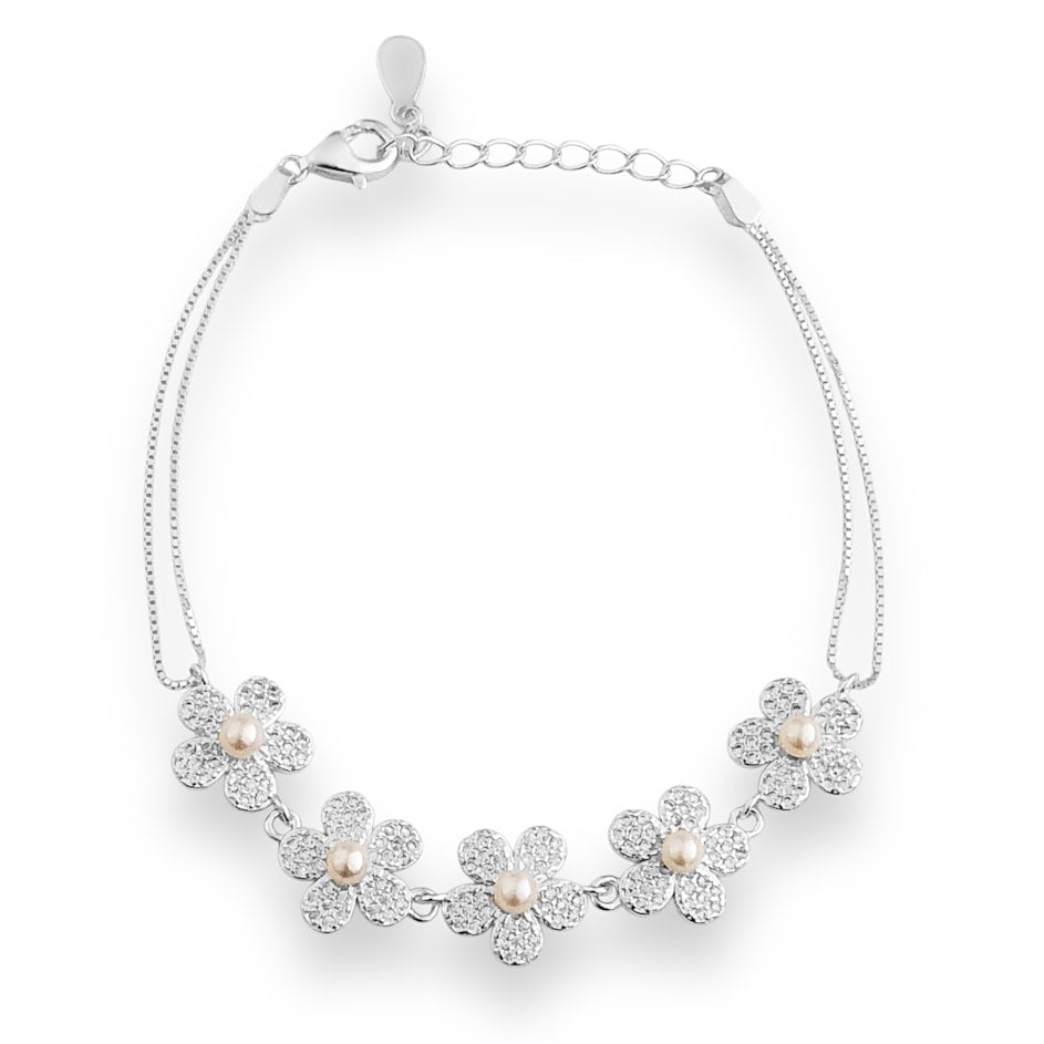 Pulseira de Dois Fios com Flores Cravejadas em Zircônias e Pérola - 17cm