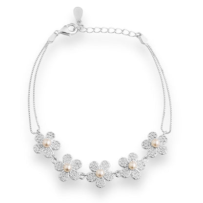 Pulseira de Dois Fios com Flores Cravejadas em Zircônias e Pérola - 17cm