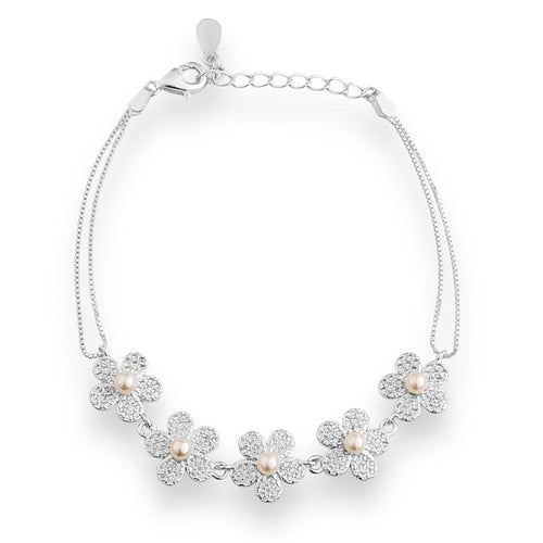 Pulseira de Dois Fios com Flores Cravejadas em Zircônias e Pérola - 17cm