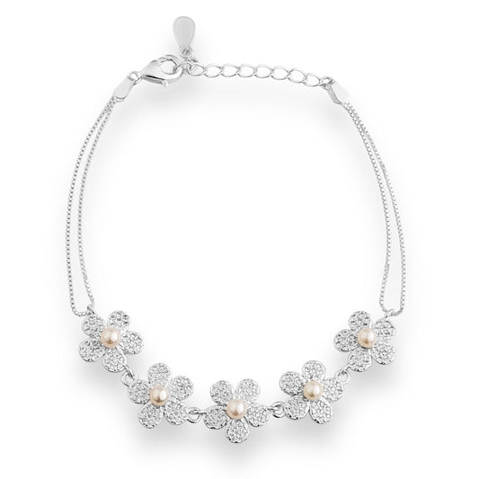 Pulseira de Dois Fios com Flores Cravejadas em Zircônias e Pérola - 17cm