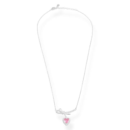 Gargantilha com Laço e Coração Cravejado com Zircônia Rosa e Cristal - 39cm