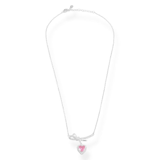 Gargantilha com Laço e Coração Cravejado com Zircônia Rosa e Cristal - 39cm