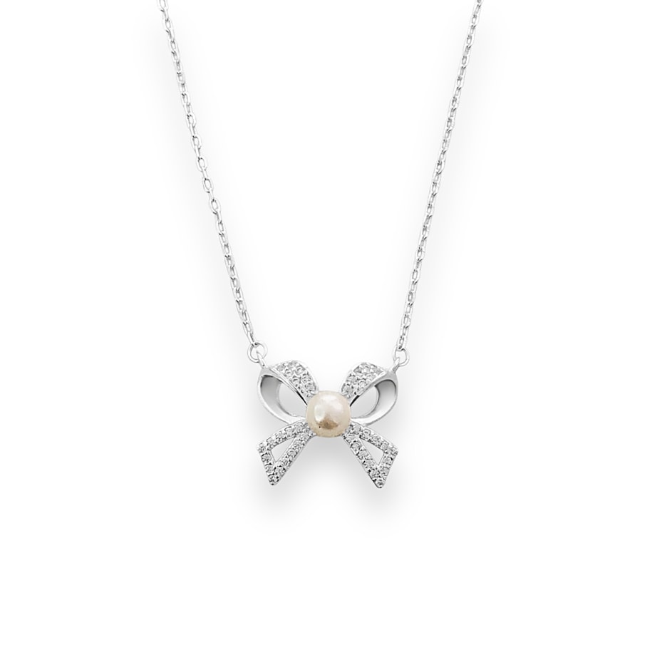Gargantilha com Laço Cravejado de Zircônias e Pérola 40cm