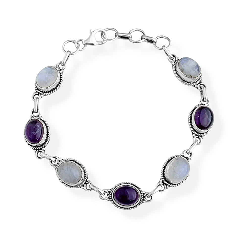 Pulseira de Pedra da Lua com Ametista - 20cm